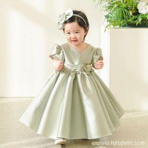 Đầm dự tiệc kết hoa tinh tế màu xanh oliu cao cấp