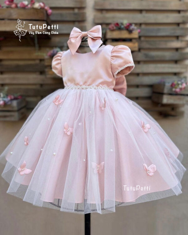 Đầm váy công chúa cho bé gái Tutupetti màu hồng phấn đính nơ hoa đáng yêu