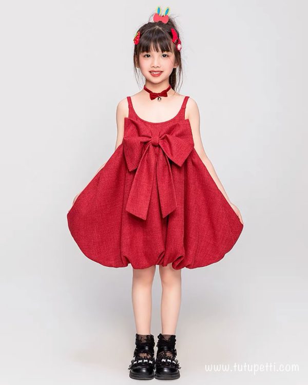 Đầm bé gái màu đỏ kết hợp nơ và choker cho bé gái