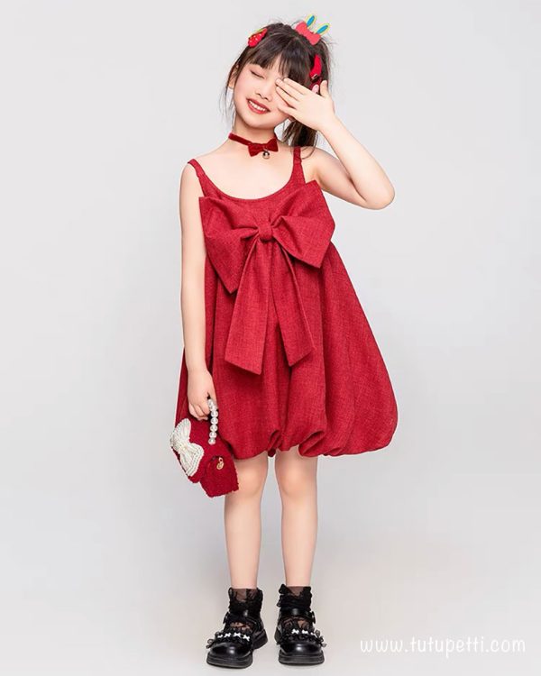 Đầm bé gái màu đỏ kết hợp nơ và choker cho bé gái