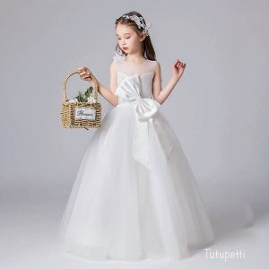 Đầm Công Chúa Dự Tiệc Màu Trắng Form Dài Đính Nơ Sang Trọng