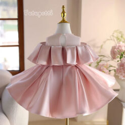 Váy công chúa satin hồng cho bé gái 1–12 tuổi | Thiết kế tay phồng sang trọng, nơ lớn trước ngực | Đầm dự tiệc sinh nhật, chụp ảnh, đám cưới 11 10 08 10 1