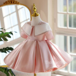 Đầm công chúa mùa đông cho bé gái 1–12 tuổi | Thiết kế satin hồng pastel sang trọng, cổ bản to phối tay lửng | Váy dự tiệc sinh nhật, đám cưới, đi chơi lễ hội