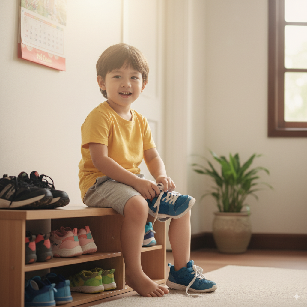 Hình ảnh bé 5 tuổi tự xỏ giày, rèn luyện tính tự lập trong sinh hoạt