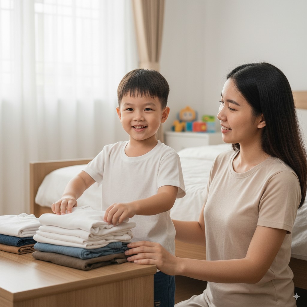 Bé trai 5 tuổi hoàn thành việc gấp quần áo nhỏ, rèn tự lập.