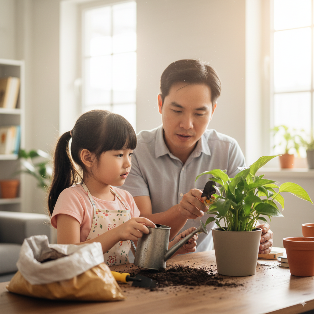 Một người cha Việt Nam đang kiên nhẫn hướng dẫn con gái cách chăm sóc cây cối, thể hiện sự đồng hành.