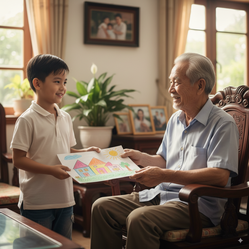 Cậu bé tự tin chia sẻ sản phẩm của mình, cho thấy lòng chính trực.