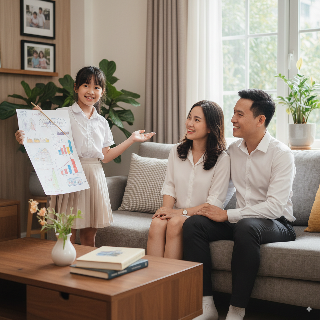 Một cô bé đang tự tin trình bày, cho thấy sự phát triển nhân cách tích cực.