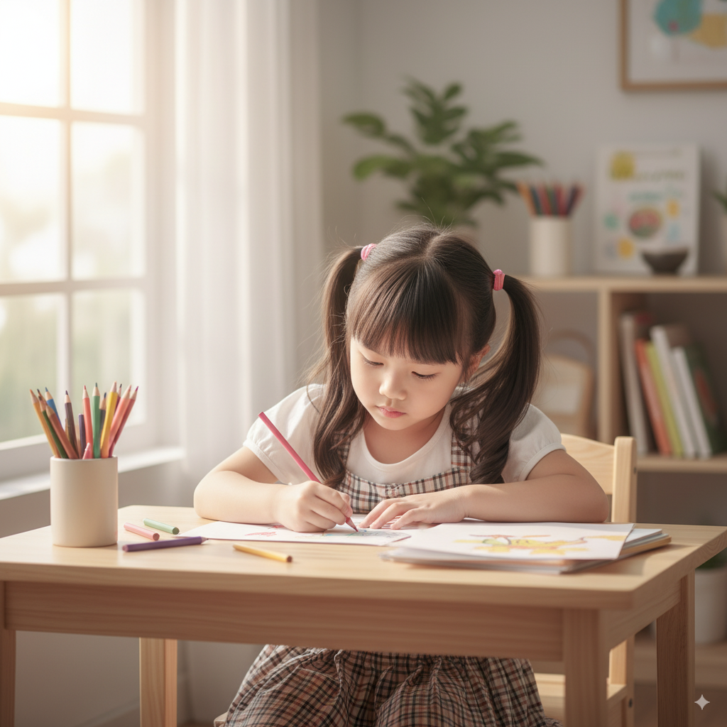 Một cô bé đang vẽ tranh, cho thấy trẻ em ở lứa tuổi này muốn thể hiện bản thân.