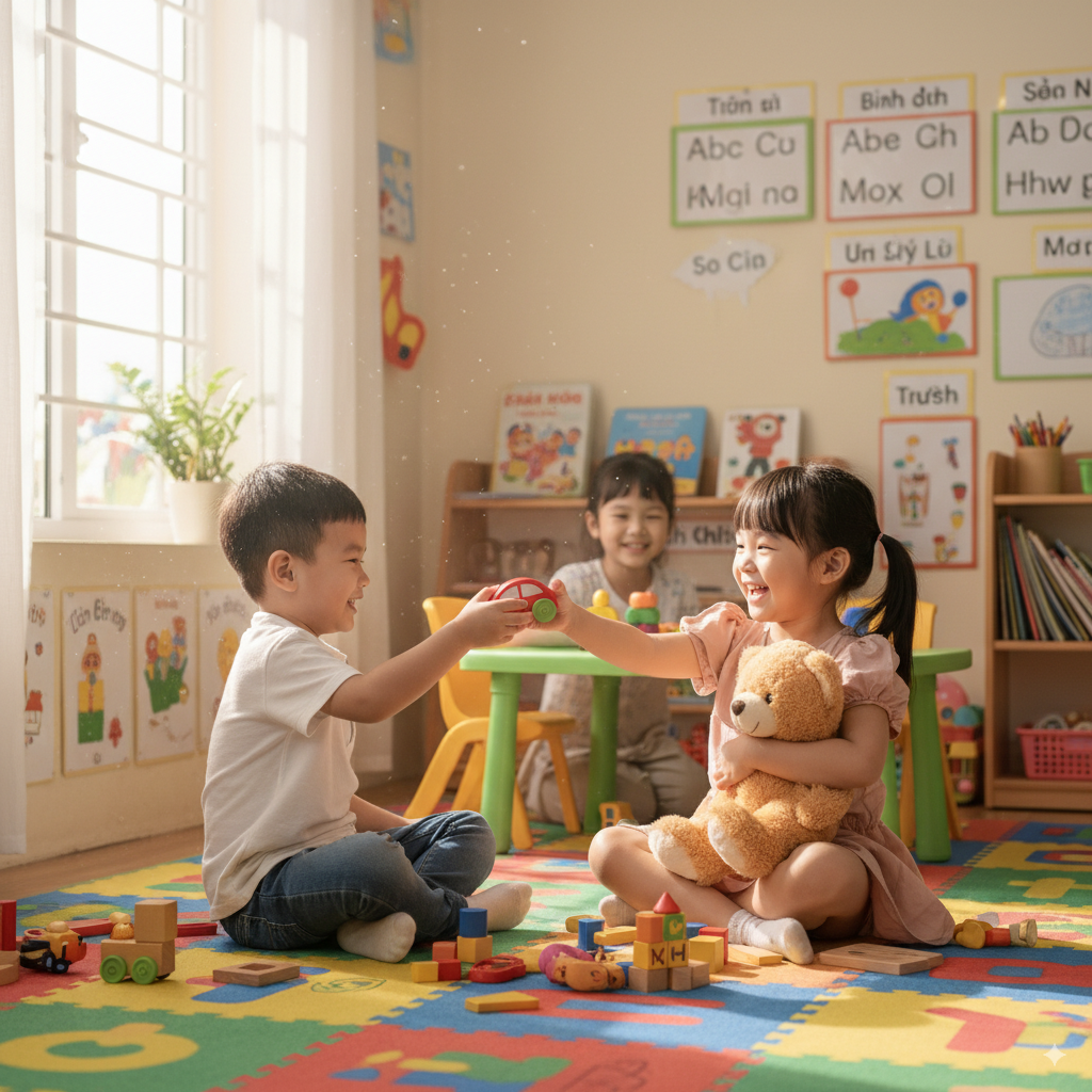 Hai bé 5 tuổi người Việt cùng nhau chia sẻ đồ chơi, rèn tinh thần hợp tác.
