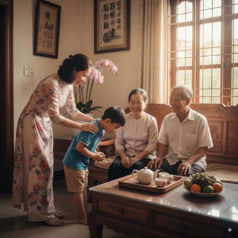 Hình ảnh mẹ Việt Nam dạy con 5 tuổi chào hỏi ông bà lễ phép, tạo thói quen giao tiếp văn minh