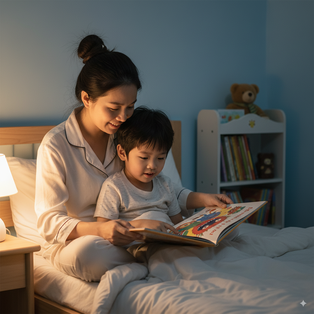 Bé 5 tuổi đọc sách tranh cùng mẹ, phát triển thói quen học tập sớm.