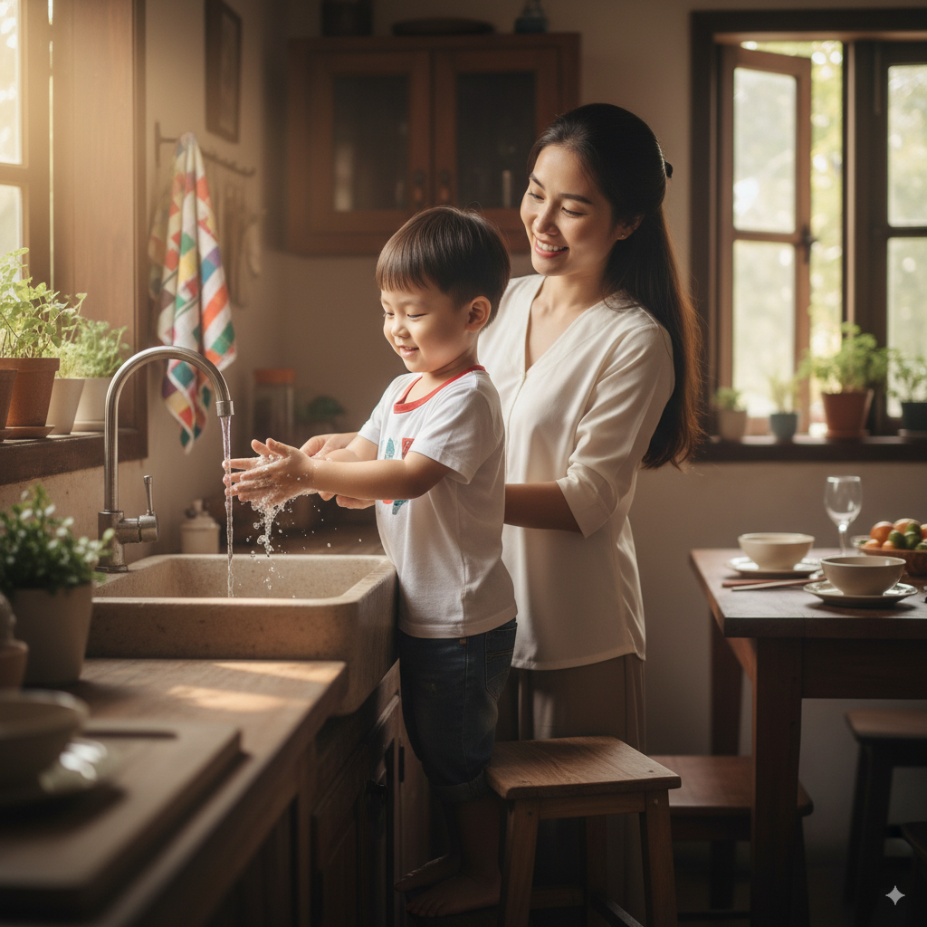 Bé 5 tuổi người Việt tự giác rửa tay trước bữa ăn để giữ vệ sinh