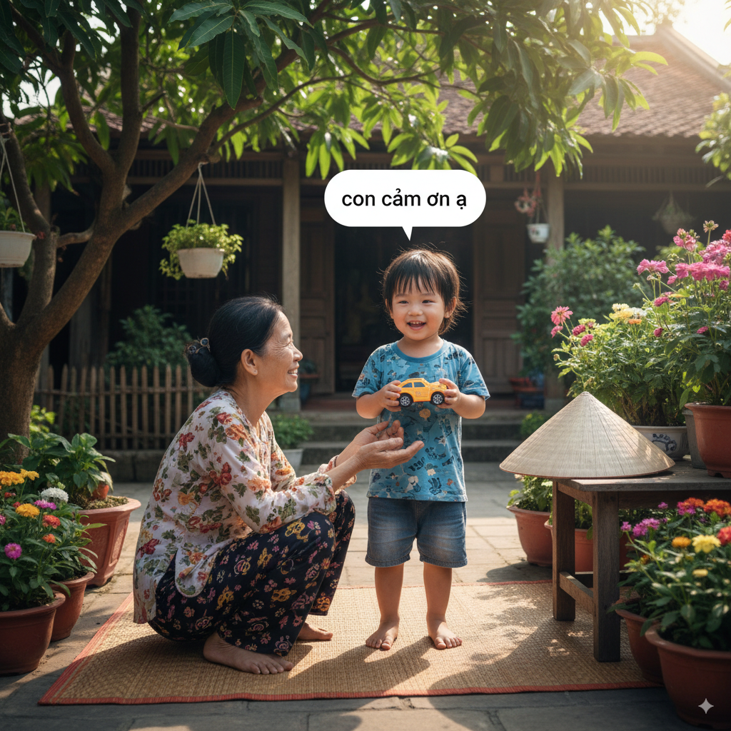 Bé trai 5 tuổi người Việt nói lời cảm ơn khi nhận quà, thể hiện sự lễ phép.
