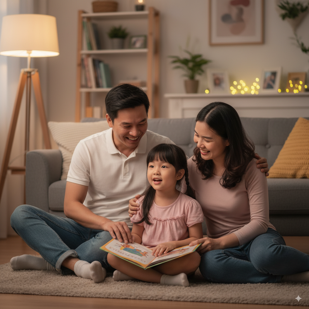 Bé gái 5 tuổi kể chuyện sáng tạo cho bố mẹ, phát triển tư duy ngôn ngữ.