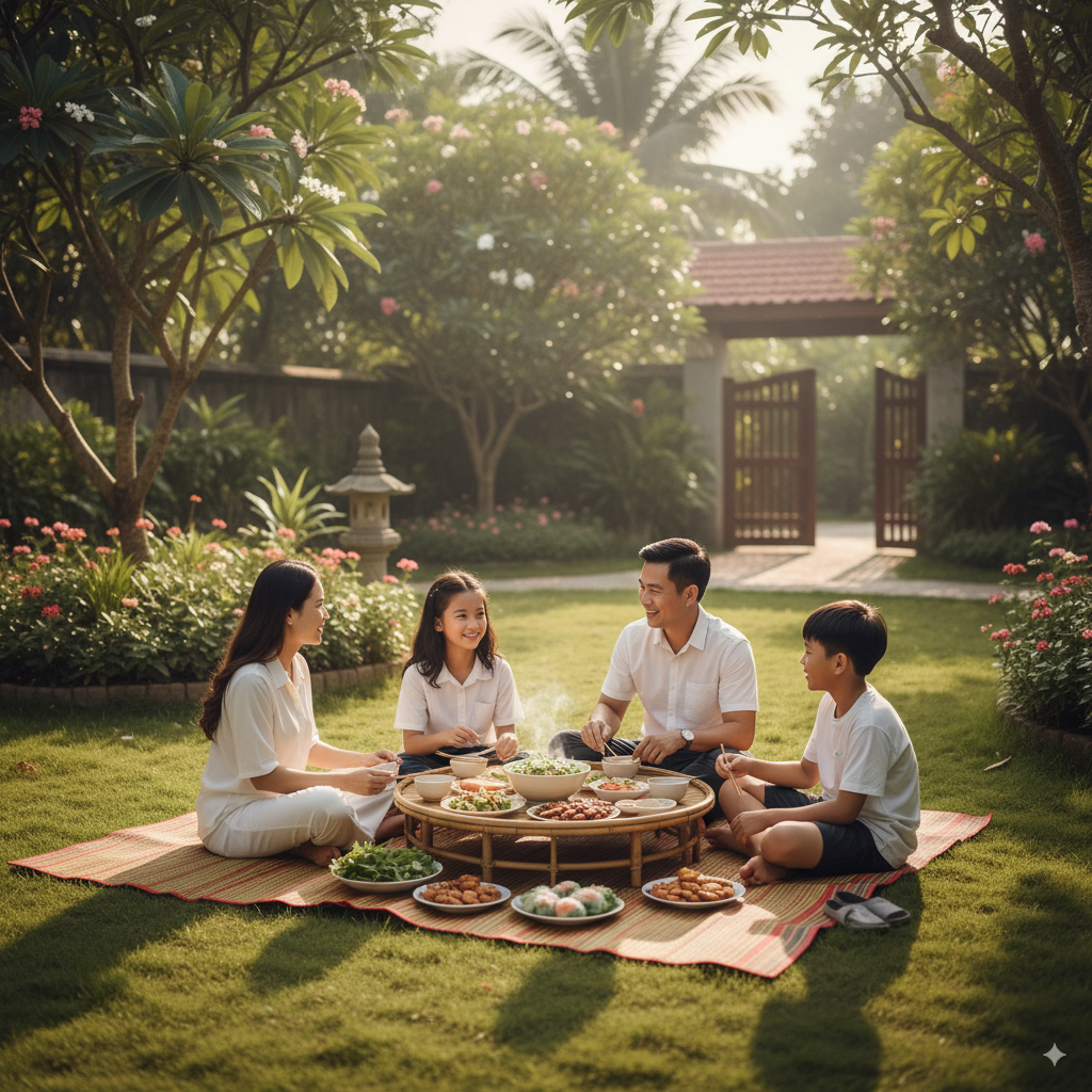 Cả gia đình cùng nhau thư giãn ngoài vườn, thể hiện sự gắn kết và niềm vui.