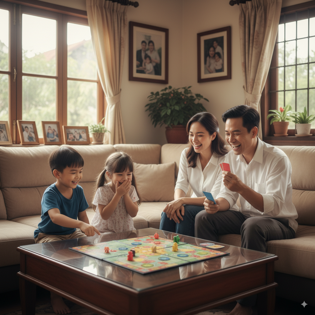 Cả gia đình dành thời gian chất lượng chơi cùng nhau, xây dựng sự gắn kết.