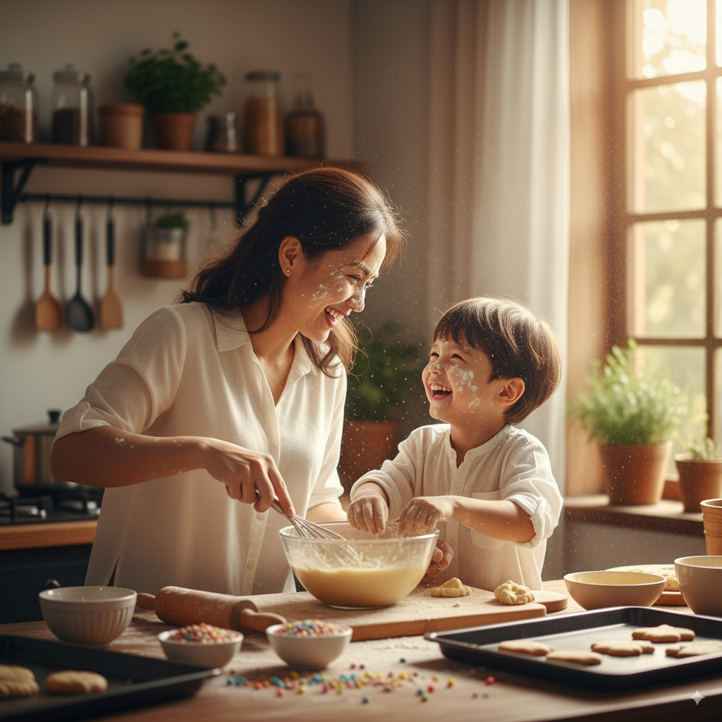 Mẹ và con cùng làm bánh trong không khí vui vẻ, thể hiện sự gắn kết.