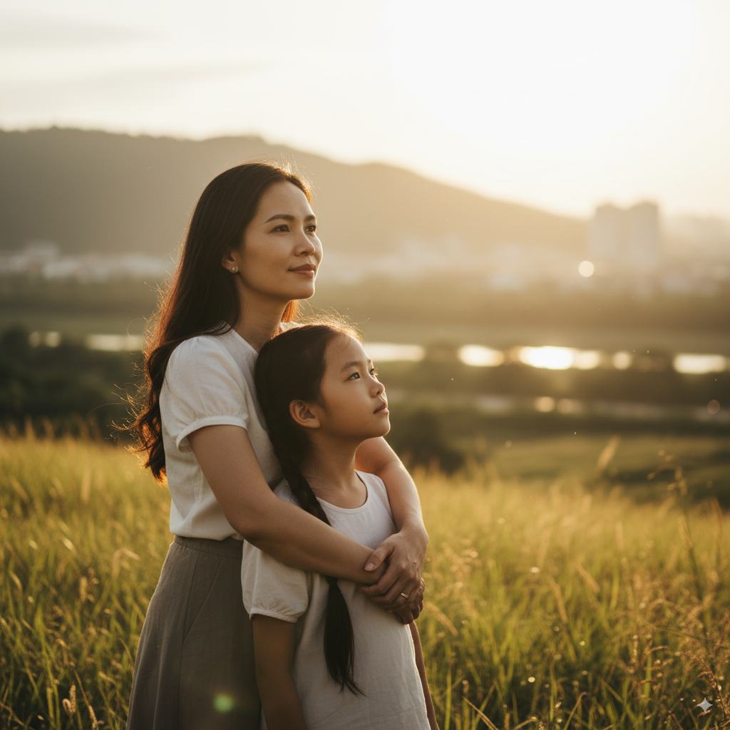 Mẹ và con ôm nhau, biểu tượng cho tình yêu thương và sự đồng hành vững chắc.