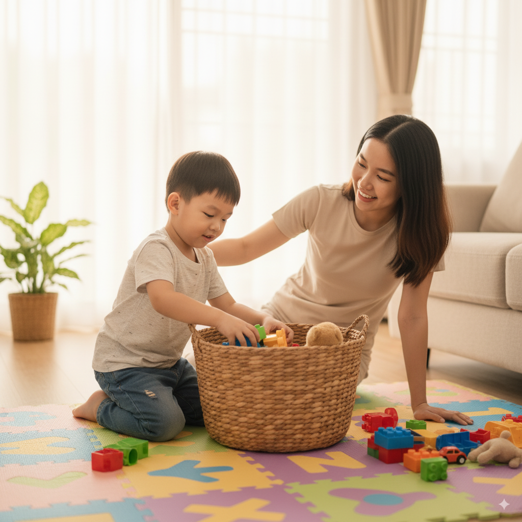 Bé 5 tuổi học cách tự dọn đồ chơi sau khi chơi, rèn kỹ năng tự lập