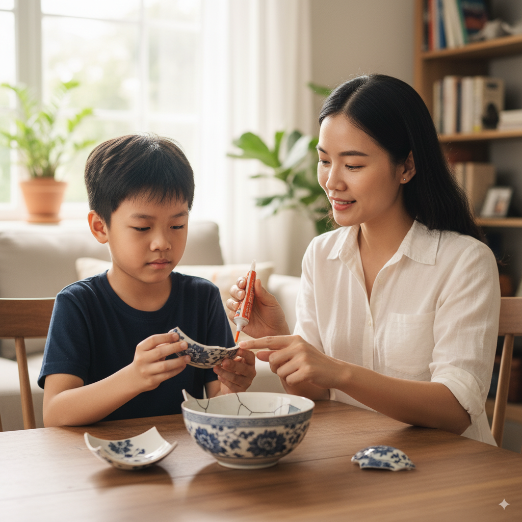 Người mẹ kiên nhẫn hướng dẫn con sửa chữa sai lầm, biến lỗi lầm thành bài học.