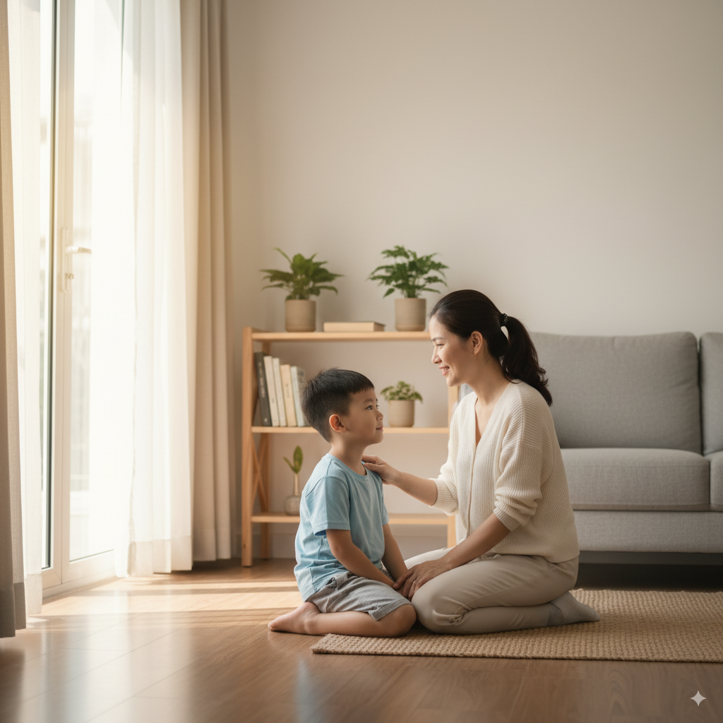 Hình ảnh một người mẹ Việt Nam đang nhẹ nhàng nói chuyện với con trai, thể hiện sự kết nối và lắng nghe.