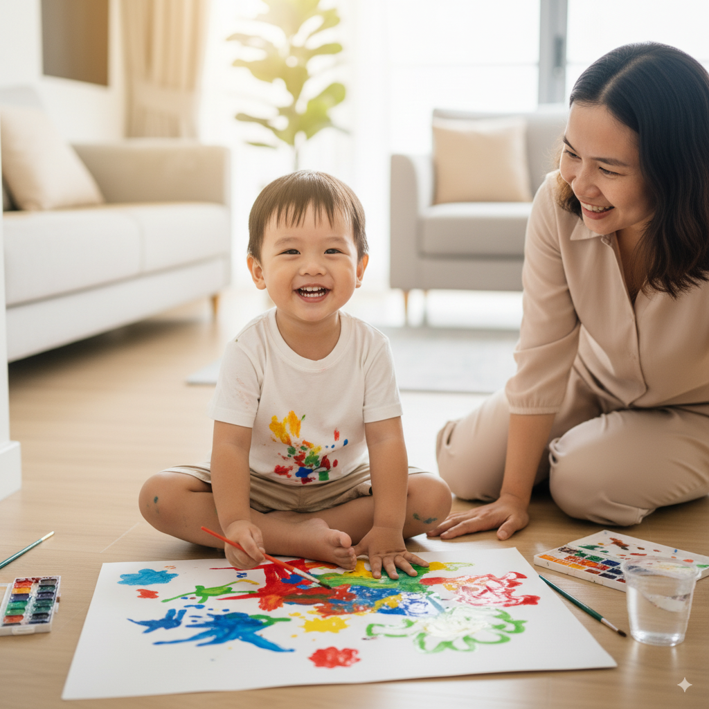 Bé trai 5 tuổi người Việt sáng tạo vẽ tranh màu sắc tươi vui