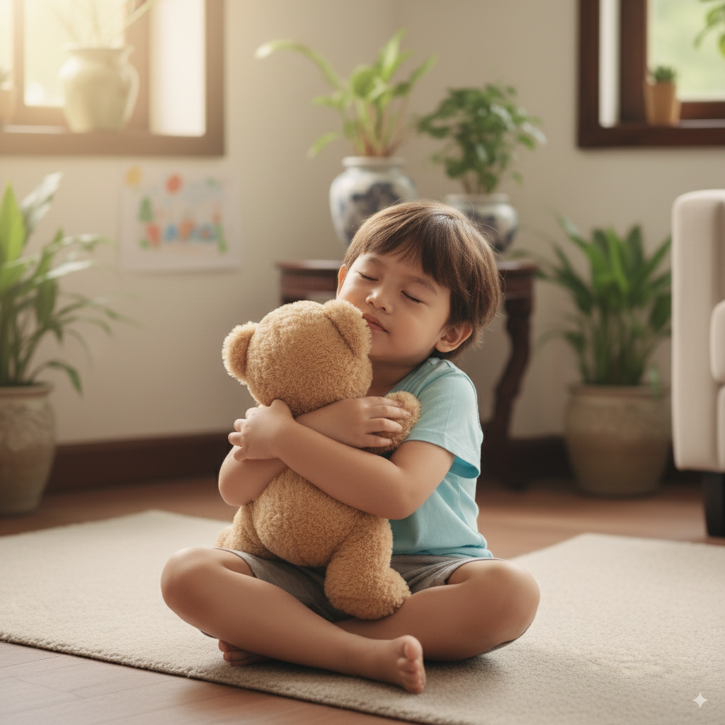 Bé trai 5 tuổi ôm gấu bông để tự trấn an khi buồn bực, thay vì ăn vạ