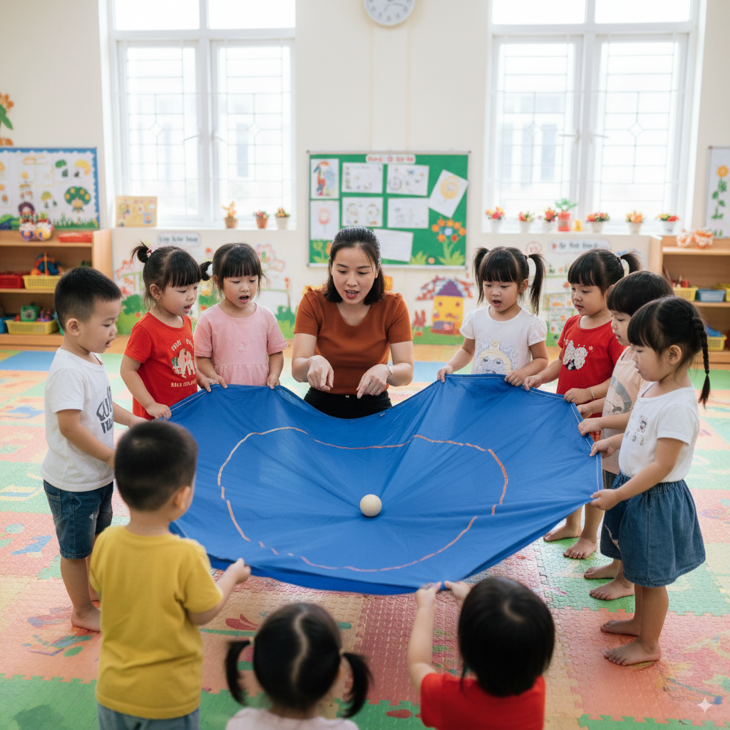 Cô giáo Việt Nam dạy nhóm trẻ 5 tuổi chơi trò teamwork trong lớp học.