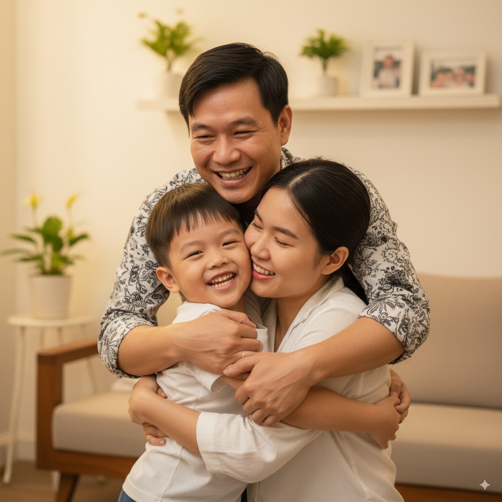 Bố mẹ ôm con 5 tuổi, thể hiện tình yêu thương – nền tảng của việc dạy con hạnh phúc