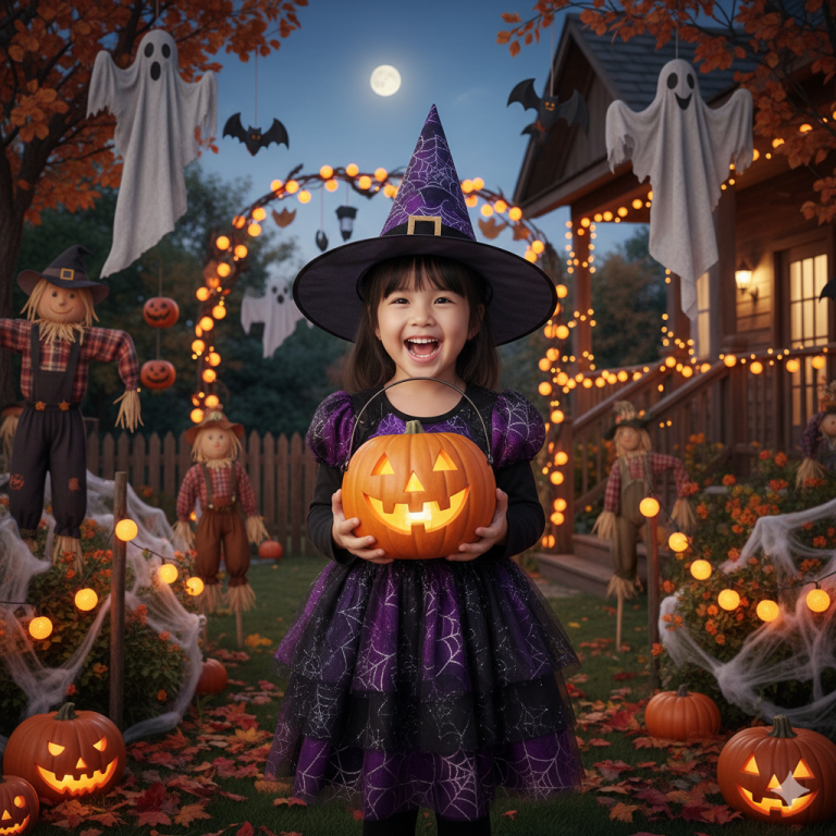 bé gái mặc váy phù thủy tutupetti trong lễ hội halloween 2025 – váy halloween cho bé gái đẹp