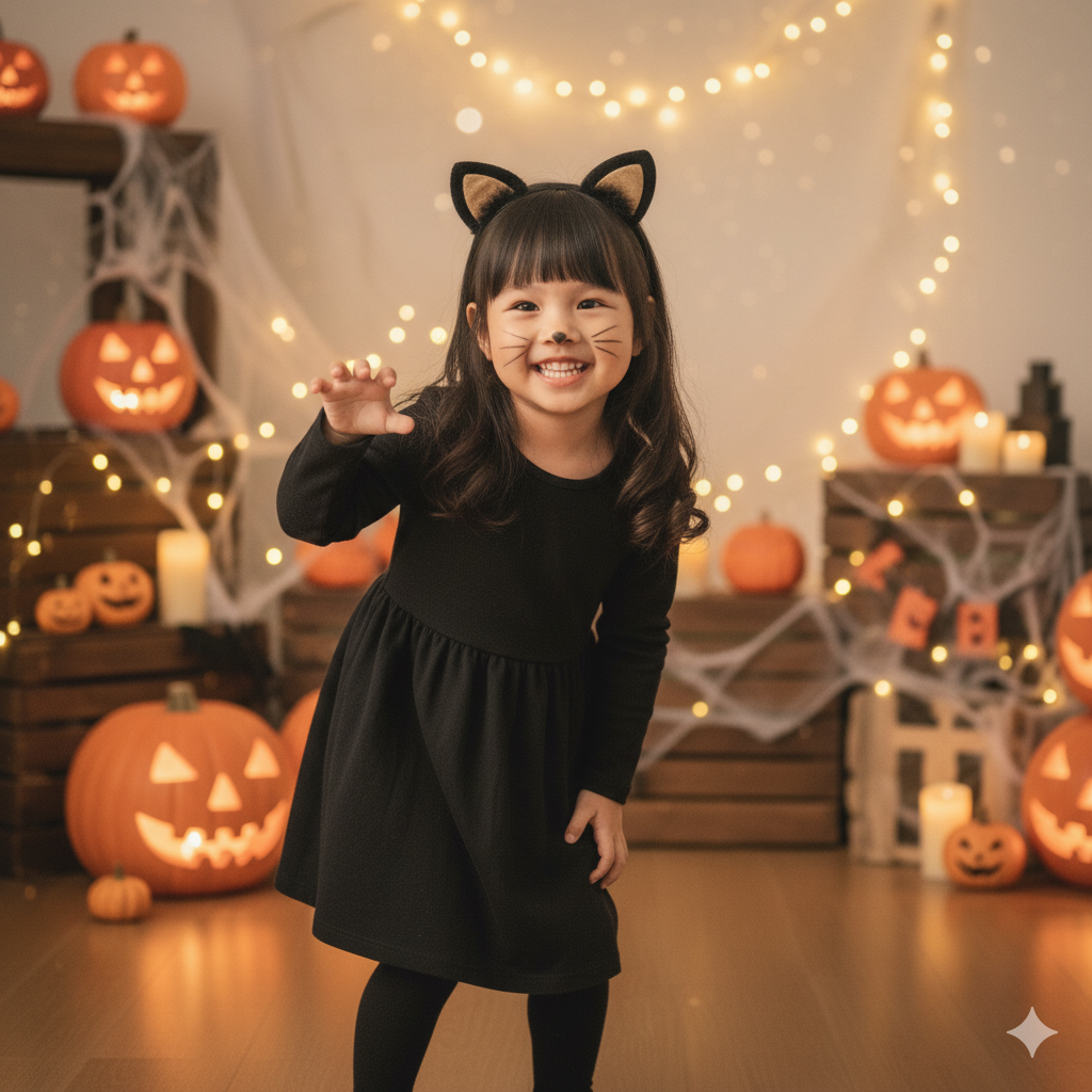 Mèo đen nhí nhảnh – biểu tượng của Halloween đáng yêu.