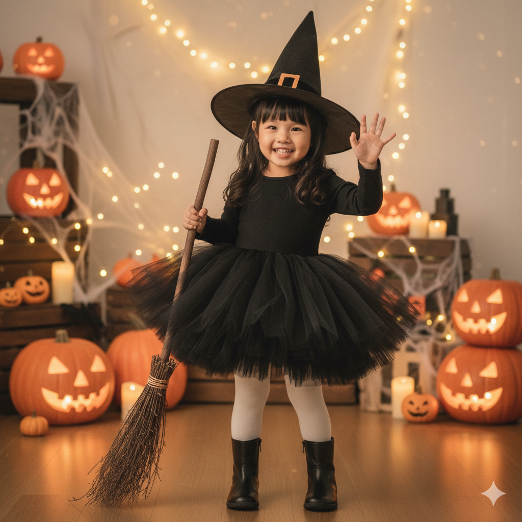 : Phù thủy nhỏ xinh xắn và tinh nghịch trong lễ hội Halloween.