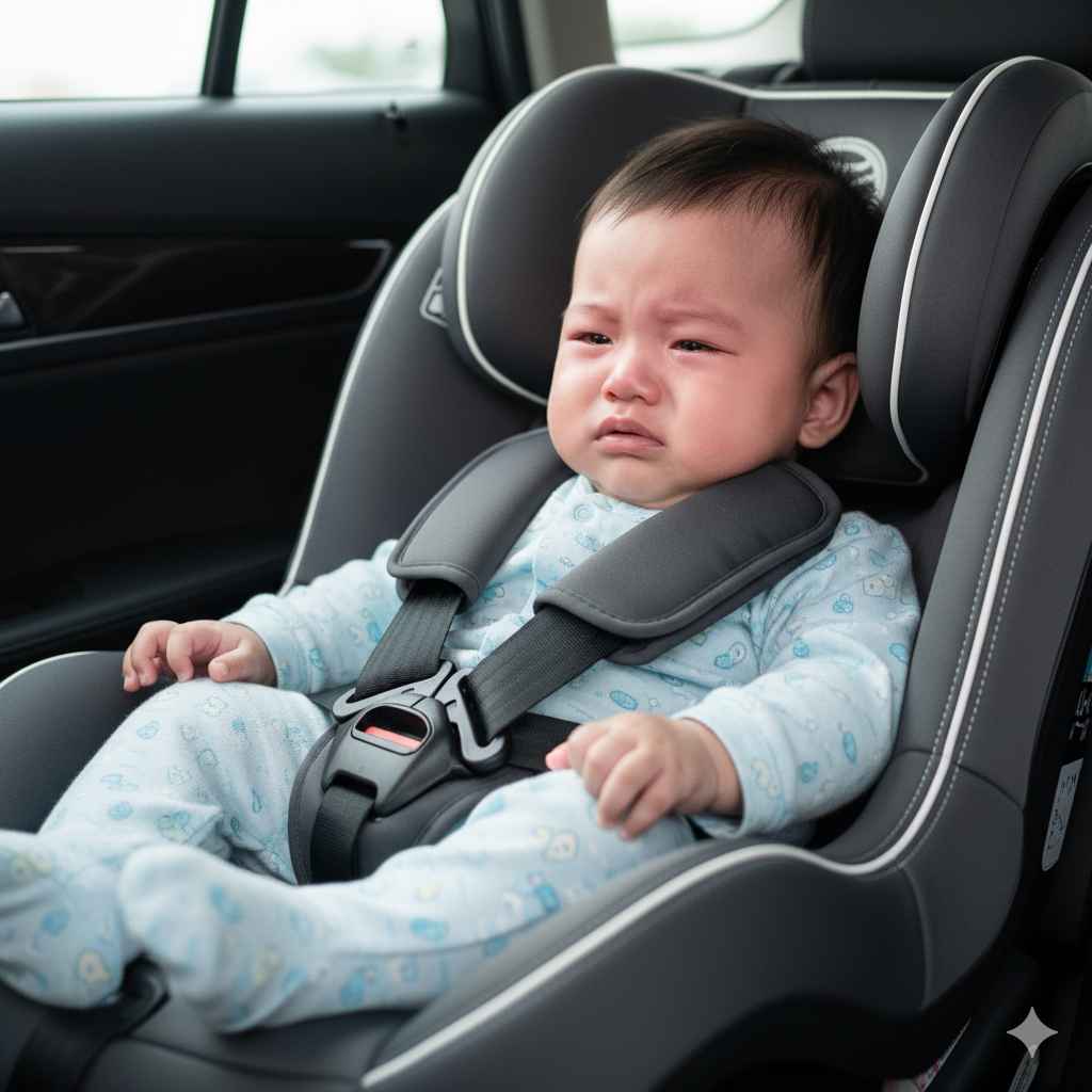 Bé thường phản kháng khi chưa quen với ghế ô tô.