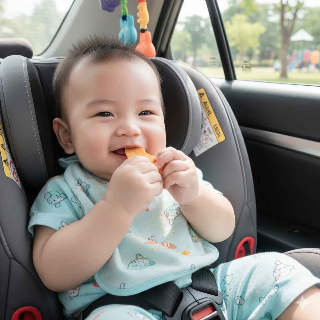 Bé tập trung vào trò chơi và đồ ăn nhẹ.