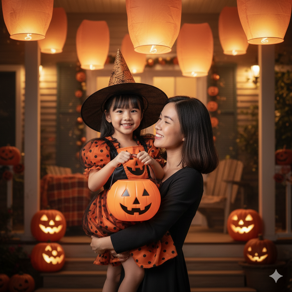 mẹ và bé cười hạnh phúc trong lễ hội halloween – váy halloween tutupetti 2025