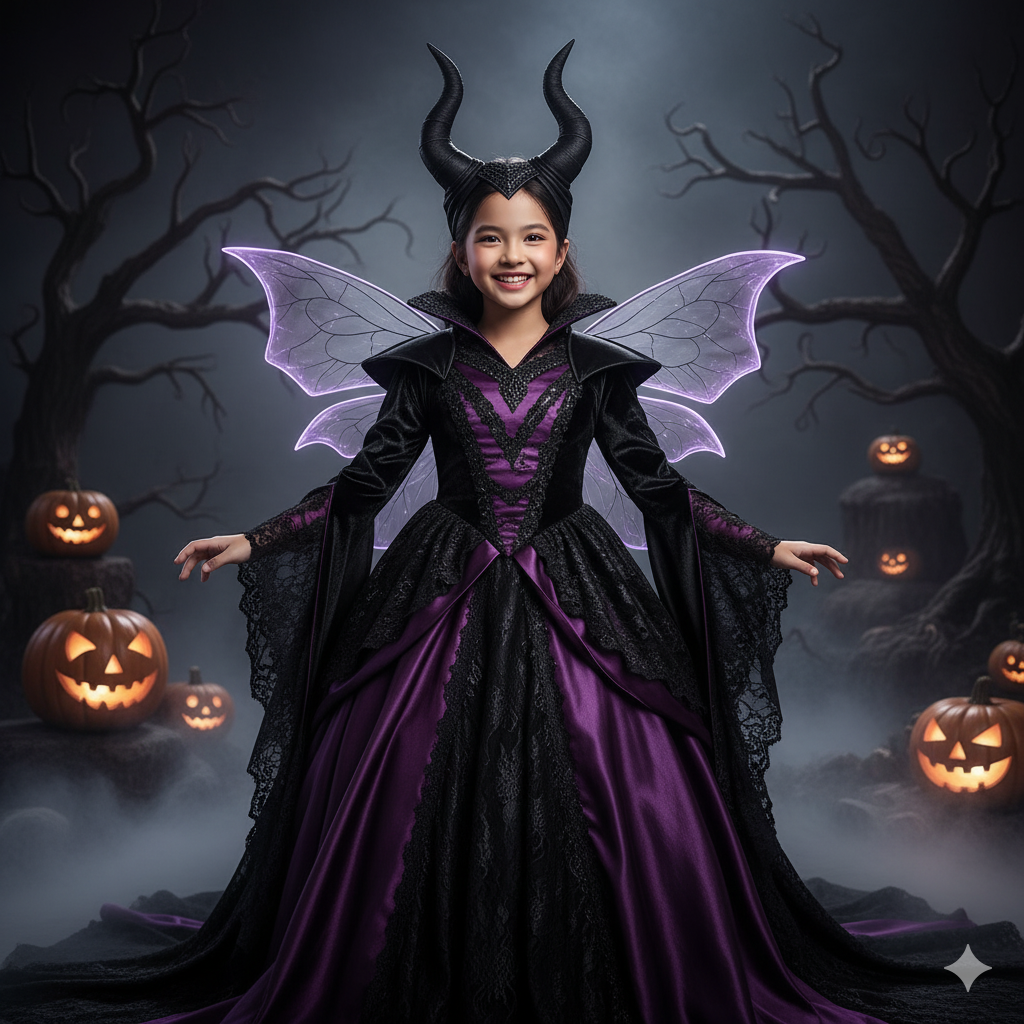 váy maleficent cho bé gái tutupetti – váy halloween đen tím sang trọng