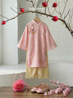 Áo Dài Cách Tân Gấm Hoa Pastel Xinh Xắn Cho Bé