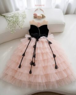 Đầm Công Chúa Bé Gái Hồng Phấn Phối Đen Dự Tiệc Cao Cấp Black Rose