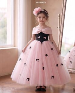 Đầm Dạ Hội Công Chúa Trễ Vai Đính Nơ Cho Bé Gái
