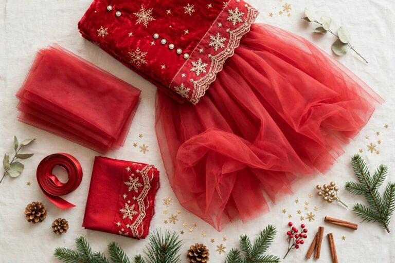 Váy Noel bé gái đỏ nhung và voan trải phẳng