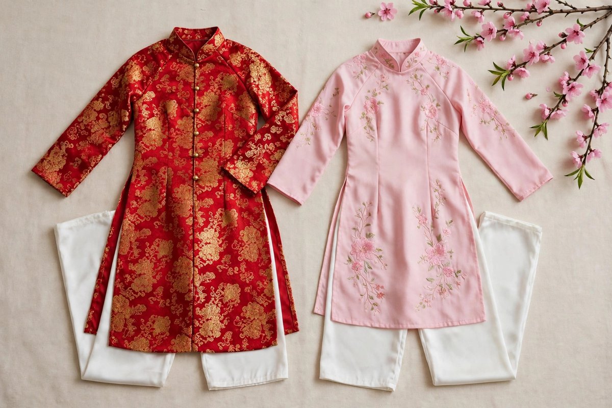 Áo Dài Bé Gái Tết 2027: Bí Quyết Chọn Size Chuẩn, Mặc Thoải Mái Và Chụp Ảnh Tết Thật Xinh 4 Áo dài bé gái Tết 2027 trải phẳng kèm quần lụa