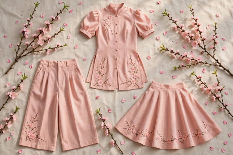 Áo dài cách tân bé gái Tết trải phẳng kèm quần culottes và chân váy